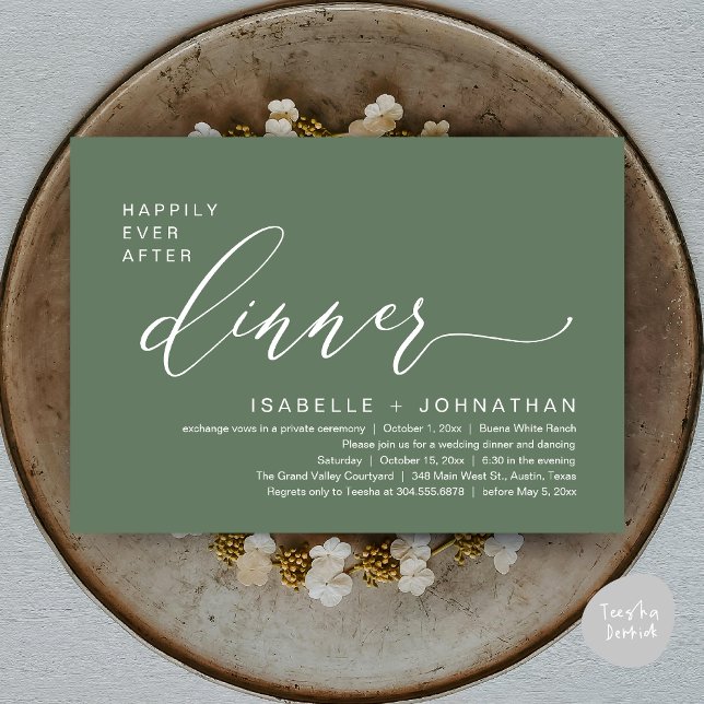 Invitation Dîner Romantique de Mariage Intime avec une Fin He (Romantic Modern Happily Ever After Party Elopement Dinner Invitation Card PDF in Rustic Sage Green)