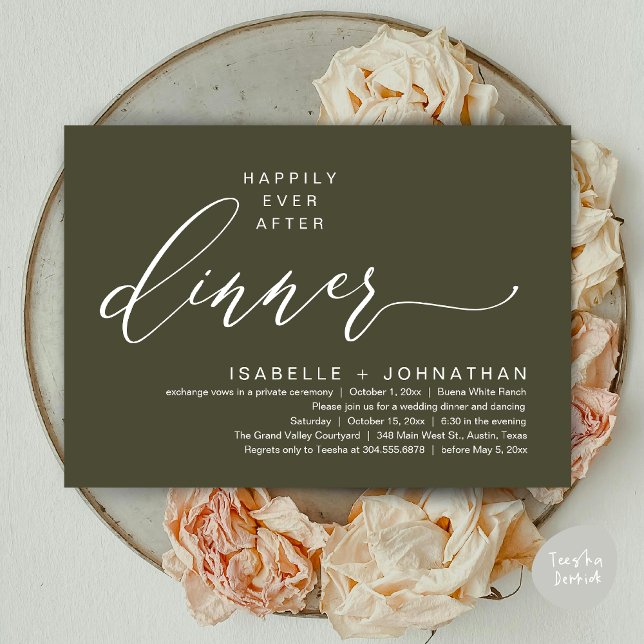 Invitation Dîner Romantique de Mariage Intime avec une Fin He (Romantic Modern Happily Ever After Party Elopement Dinner Invitation Card PDF in Rustic Olive Green)