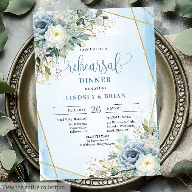 Invitation Dîner romantique Dusty Blue Floral Gold Parties sc (Romantic Dusty Blue Floral Gold Glitter Dinner Card)
