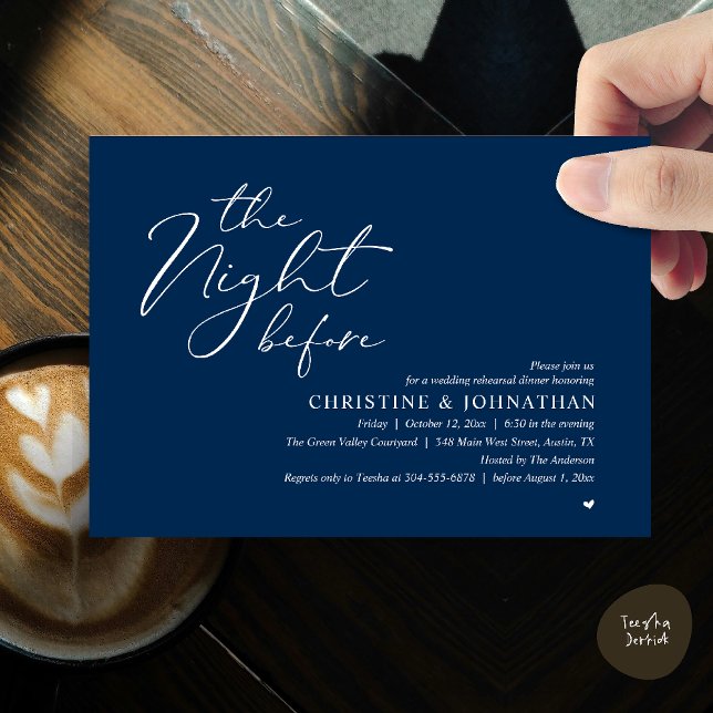 Invitation Dîner Romantique la Veille de la Répétition de Mar (The Night Before Wedding Rehearsal Romantic Dinner Invitation Card in Navy Blue)