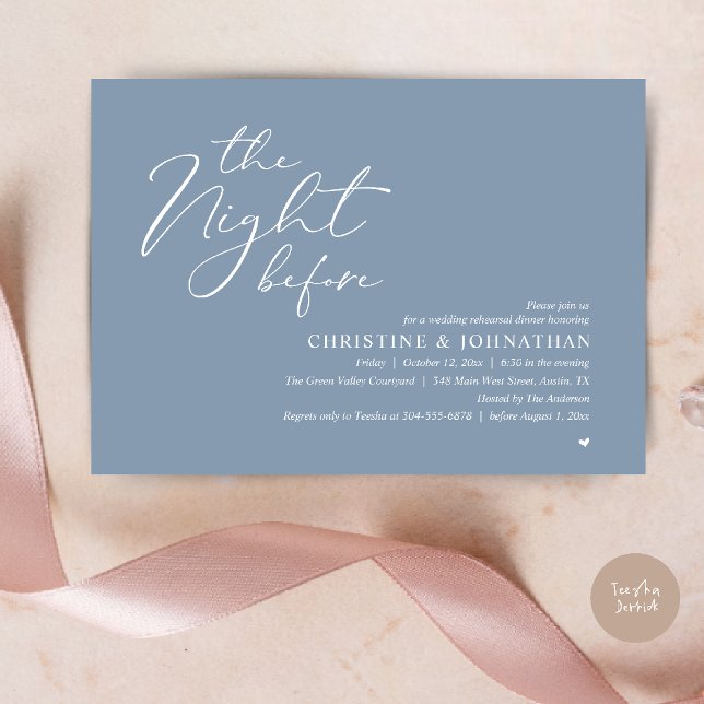 Invitation Dîner Romantique la Veille de la Répétition de Mar (The Night Before Wedding Rehearsal Romantic Dinner Invitation Card in Dusty Blue)