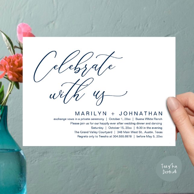 Invitation Dîner romantique Mariage, Célébrez avec nous (Celebrate with us, Romantic Wedding Dinner Brunch Party Invites Card PDF Modern Classy Navy Blue)