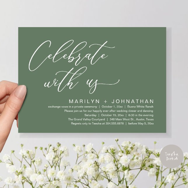 Invitation Dîner romantique Mariage, Célébrez avec nous (Celebrate with us, Romantic Wedding Dinner Brunch Party Invites Card PDF Modern Classy Sage Green)