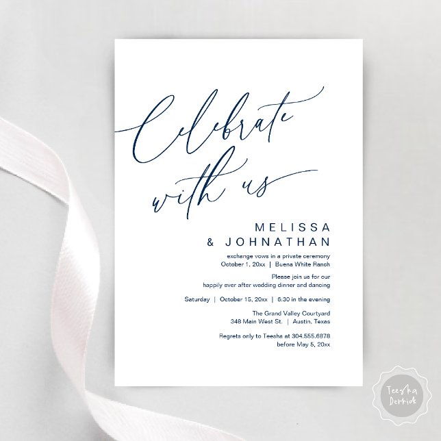 Invitation Dîner romantique Mariage, Célébrez avec nous (Romantic Wedding Dinner Party, Celebrate with us Lunch Brunch Modern Invites Card  PDF Navy Blue)