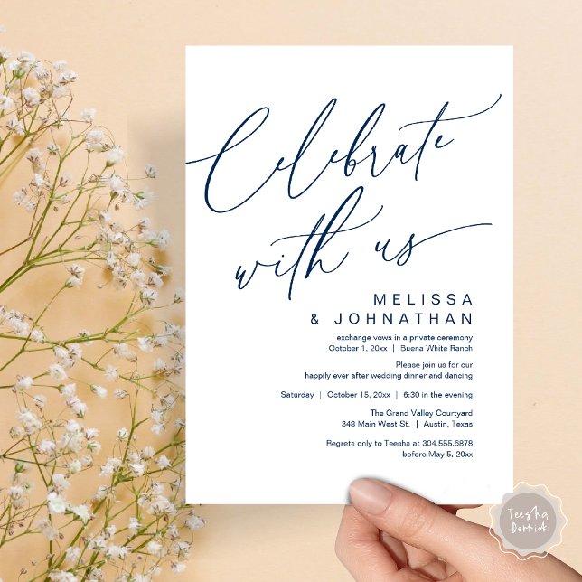 Invitation Dîner romantique Mariage, Célébrez avec nous (Romantic Wedding Dinner Party, Celebrate with us Lunch Brunch Modern Invites Card  PDF Navy Blue)