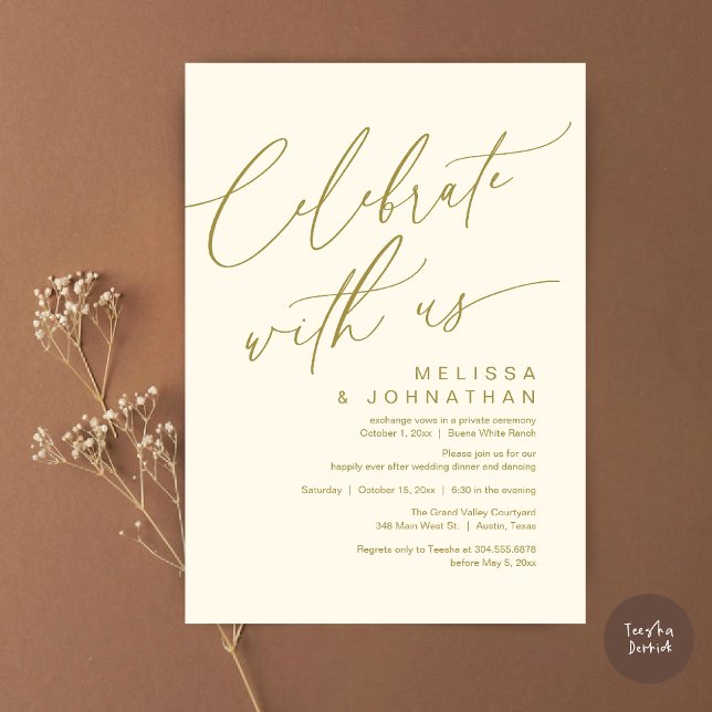 Invitation Dîner romantique Mariage, Célébrez avec nous (Romantic Wedding Dinner Party, Celebrate with us Lunch Brunch Modern Invites Card  PDF Yellow Gold)