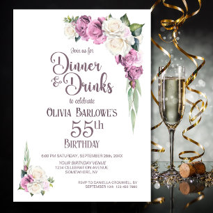 Invitation Dîner rose blanc floral et boissons 55e anniversai