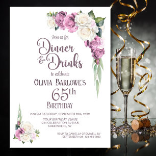 Invitation Dîner rose blanc floral et boissons 65e anniversai