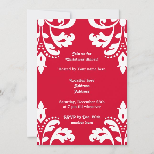 Invitation Dîner rouge et blanc élégant Noël damassé (Devant)