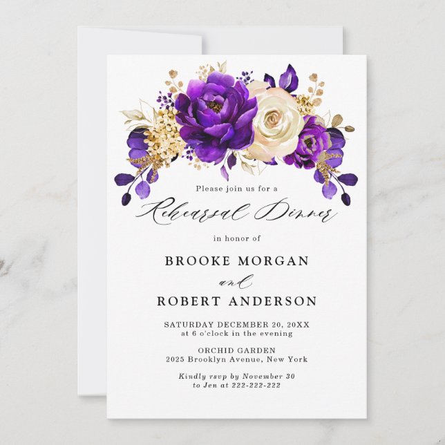 Invitation Dîner Royal Violet Or Floral (Devant)