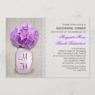 Invitation Dîner Rustic Burlap Mason Jar Purple