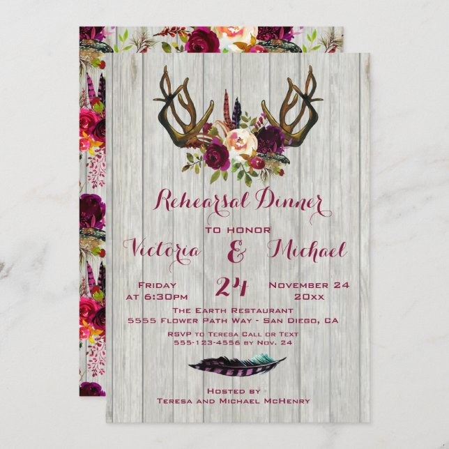 Invitation Dîner Rustique de répétition Boho avec Antlers flo (Devant / Derrière)