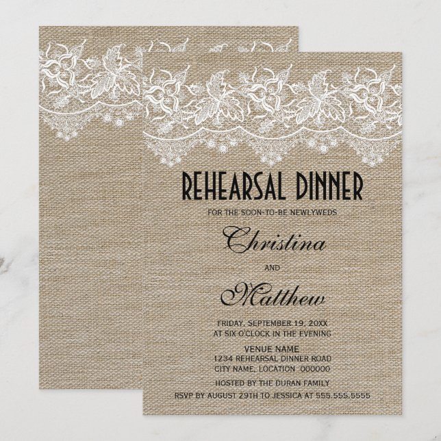 Invitation Dîner Rustique de répétition de jute et de dentell (Devant / Derrière)