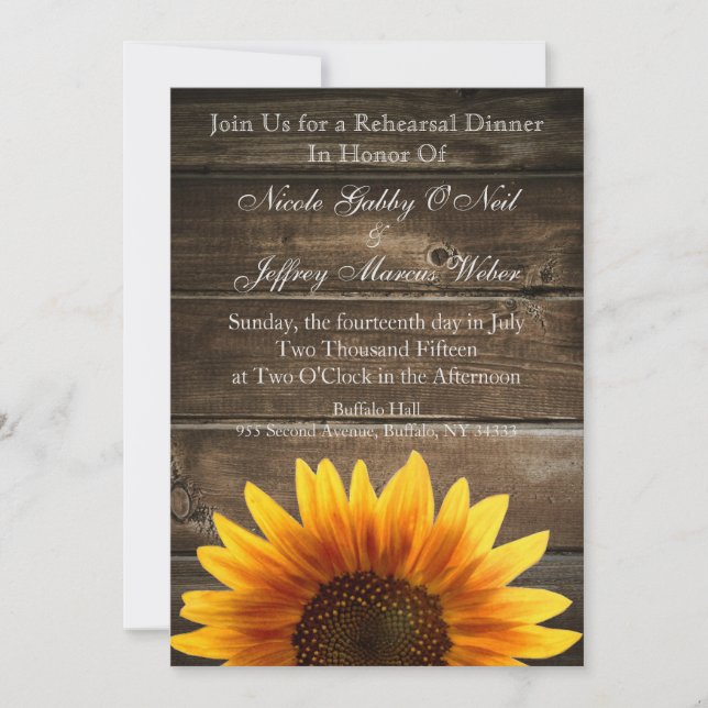 Invitation Dîner rustique de répétition de tournesols de (Devant)