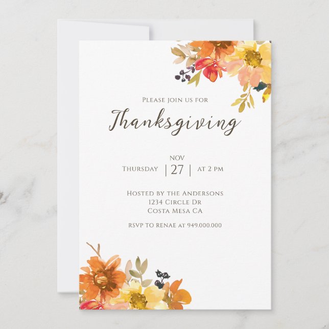 Invitation Dîner Rustique Floral Thanksgiving (Devant)