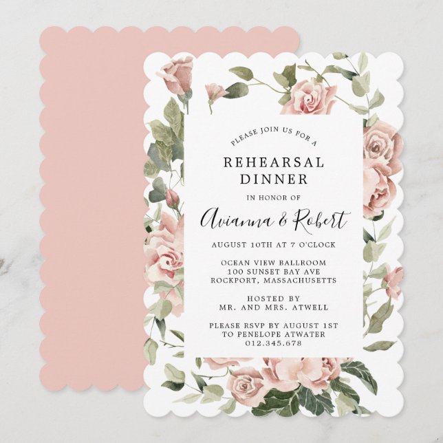 Invitation Dîner Rustique Rustique Floral Rose Dusty Inv (Devant / Derrière)