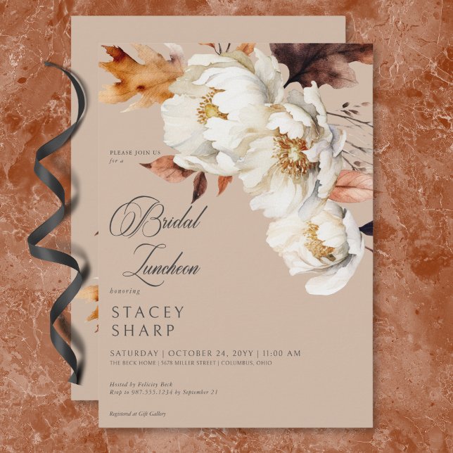 Invitation Dîner Rustique Tan & Crème Automne Floral & Feuill (Rustic Tan & Cream Fall Floral & Leaves Luncheon Invitation)