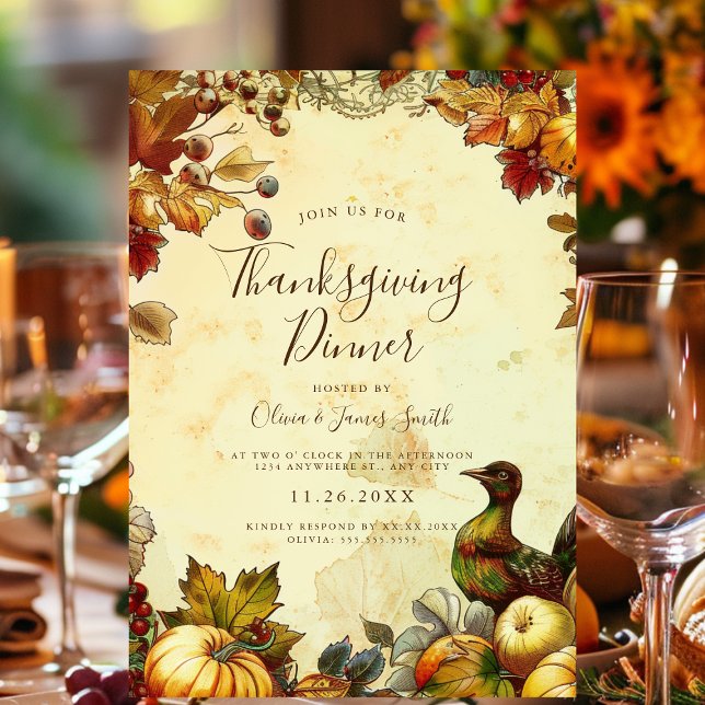Invitation Dîner Rustique Thanksgiving (GPT
An autumn-themed Thanksgiving invite with elegant script, pumpkins, and fall leaves.)