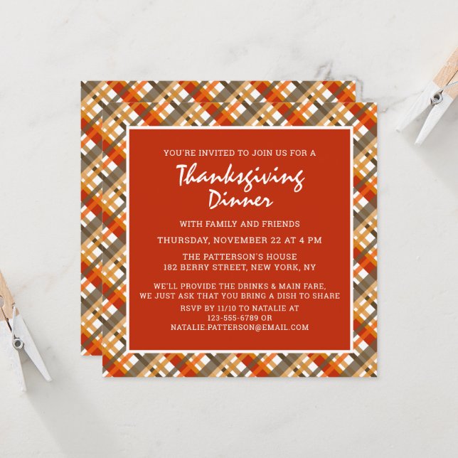 Invitation Dîner Rustique Thanksgiving Tartan Motif (Devant/Arrière en situation)