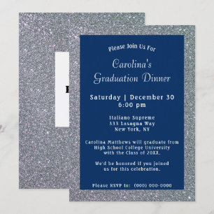 Invitation Dîner Silver Sparkle Bleu Graduation