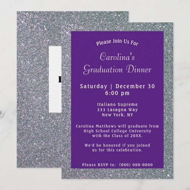Invitation Dîner Silver Sparkle Purple Graduation (Devant / Derrière)