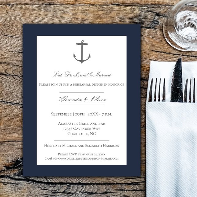 Invitation Dîner simple Ancre nautique (Navy Simple Nautical Anchor Rehearsal Dinner Invitation)