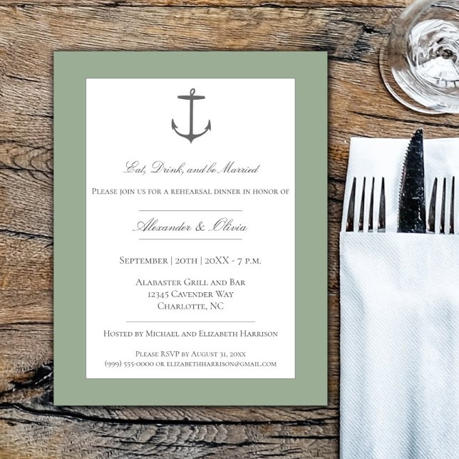 Invitation Dîner simple Ancre nautique Sage Green (Sage Green Simple Nautical Anchor Rehearsal Dinner Invitation)