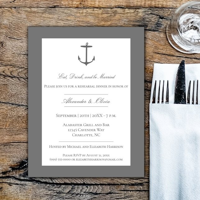 Invitation Dîner simple de répétition d'Ancres nautiques | Gr (Gray Simple Nautical Anchor Rehearsal Dinner Invitation)