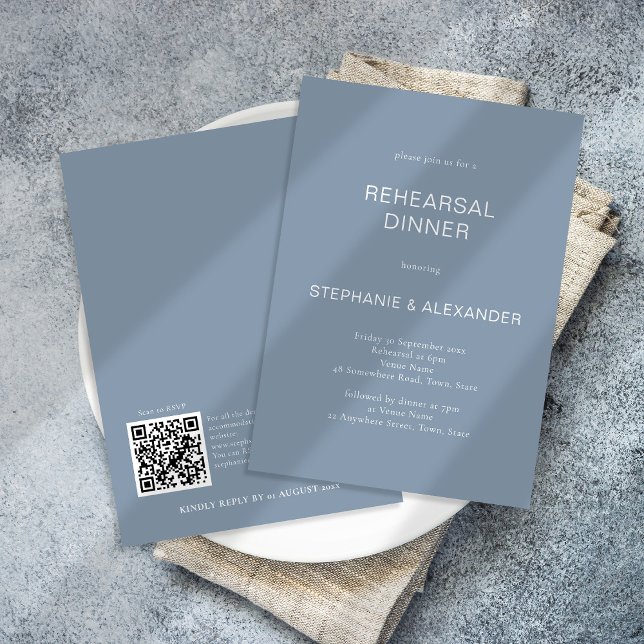 Invitation Dîner simple Dusty Blue QR Code (Créateur téléchargé)