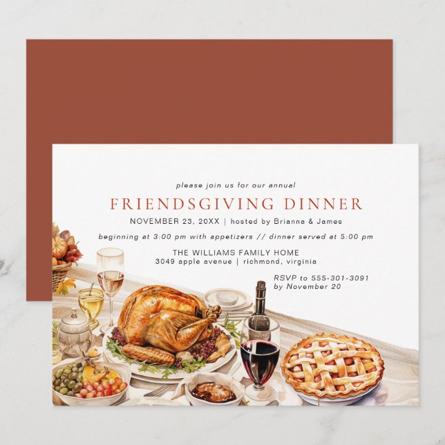 Invitation Dîner soigné | Fun Watercolor Friendsgiving Party (Devant / Derrière)