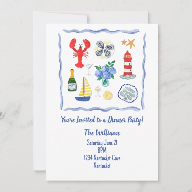 Invitation Dîner sur le thème de Nantucket aux motifs peints  (Devant)