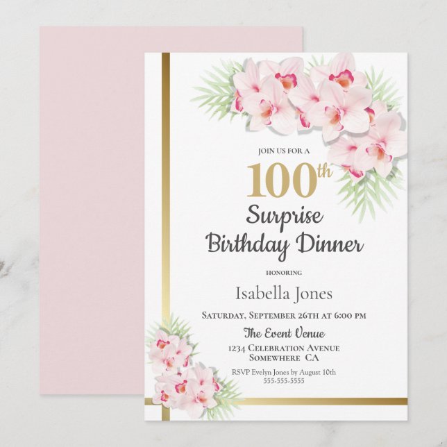 Invitation Dîner surprise pour les 100 ans Orchidée rose mode (Devant / Derrière)