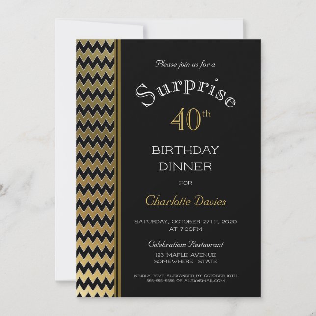 Invitation Dîner surprise pour les 40 ans Black Gold Chevron (Devant)