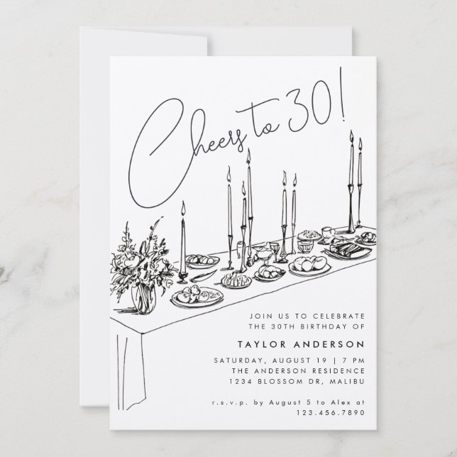 Invitation Dîner Table Cheers Dessin 30e fête d'anniversaire (Devant)