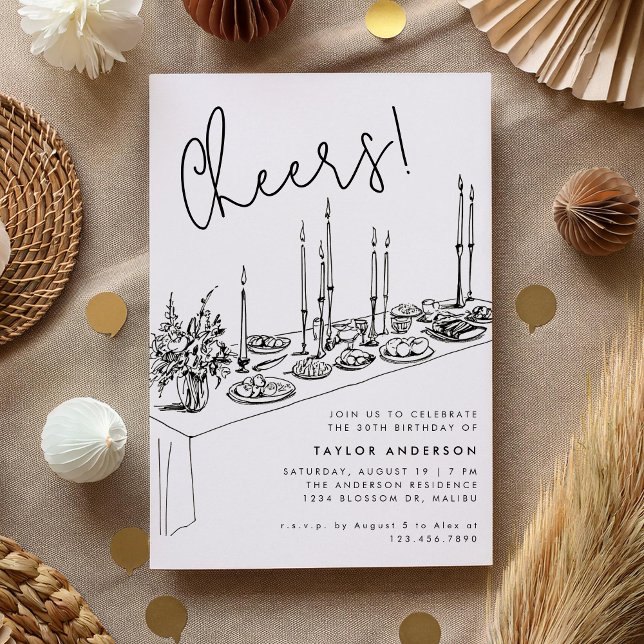 Invitation Dîner Table Cheers Dessin 30e fête d'anniversaire (Créateur téléchargé)
