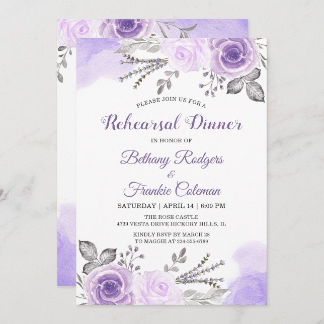 Invitation Dîner tendance Pastel Purple Floral Chic Rehearsal (Devant / Derrière)