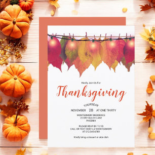 Invitation Dîner Thanksgiving Autumn Leves Vintage Lights