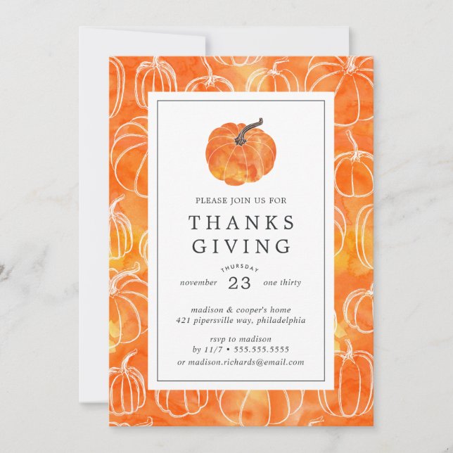 Invitation Dîner Thanksgiving | Citrouilles aquarelles (Devant)