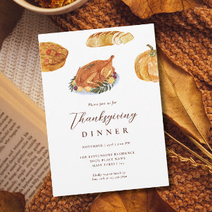 Invitation Dîner Thanksgiving dinde & tarte aquarelle Russe