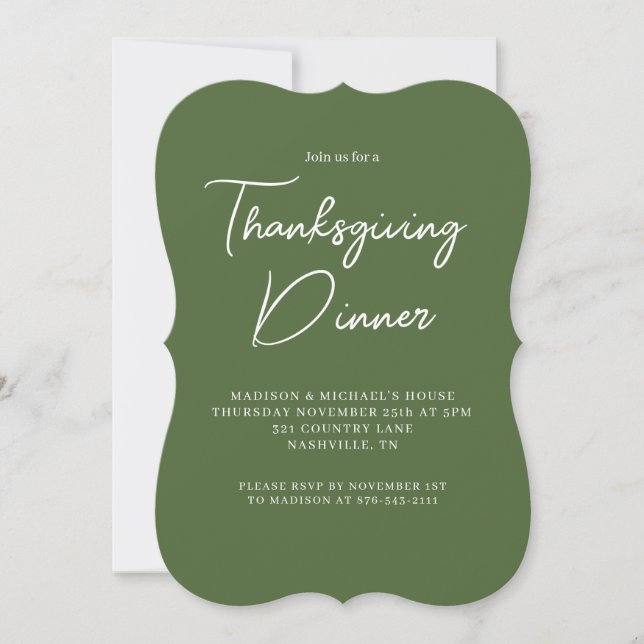 Invitation Dîner Thanksgiving moderne Sage Vert Blanc Script (Devant)