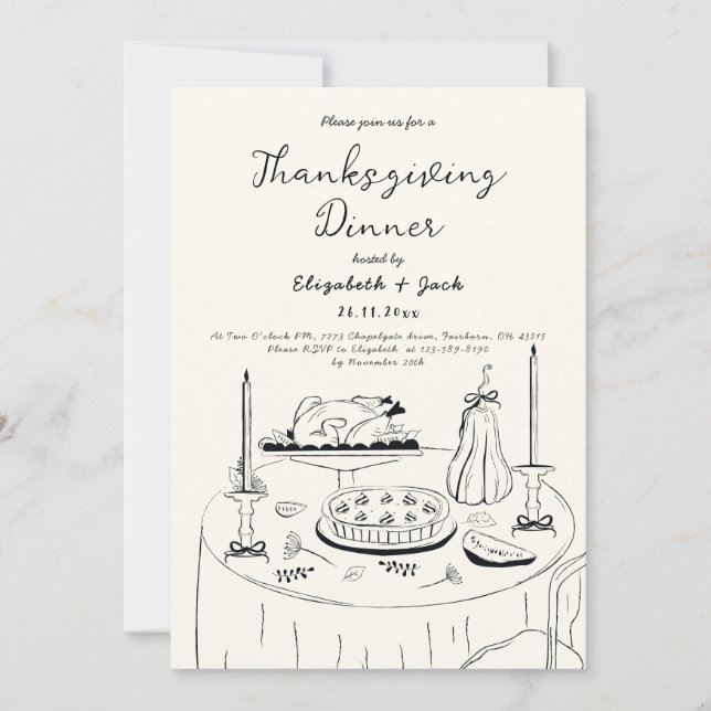 Invitation Dîner Thanksgiving noir & blanc (Devant)