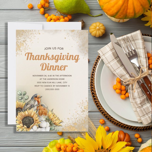 Invitation Dîner Thanksgiving Oiseaux Tournesols Automne Auto (Sunflower and bird Thanksgiving Dinner invitation)