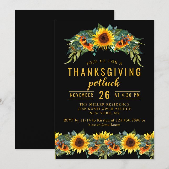 Invitation Dîner Thanksgiving Potluck Aquarelle Sunflowers (Devant / Derrière)