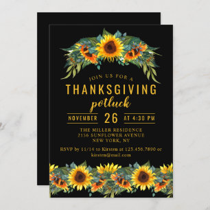 Invitation Dîner Thanksgiving Potluck Aquarelle Sunflowers
