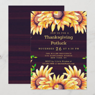 Invitation Dîner Thanksgiving Potluck Russe Chute Tournesols