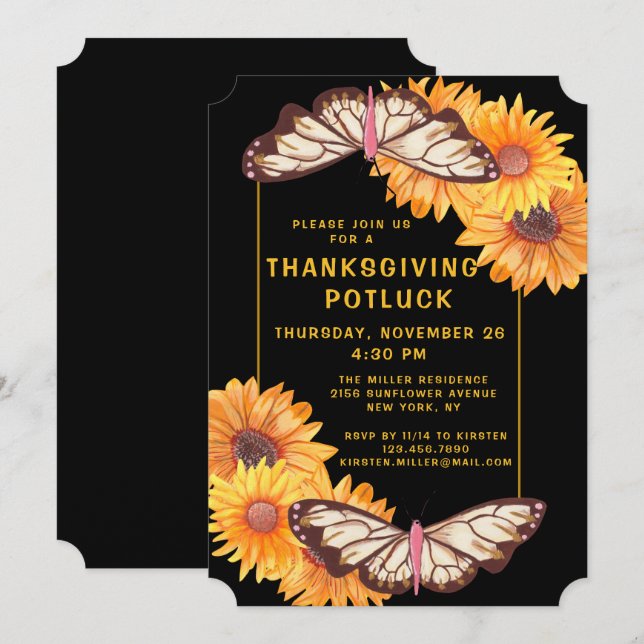 Invitation Dîner Thanksgiving Potluck Tournesols Papillons (Devant / Derrière)