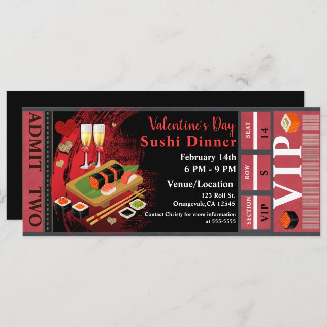 Invitation Dîner Valentine Black Red Sushi Party VIP Ticket (Devant / Derrière)