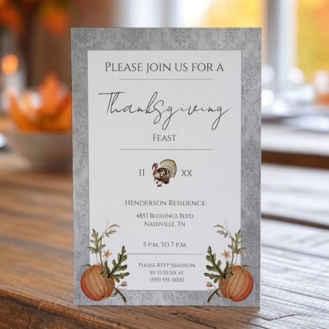 Invitation Dîner vintage Damas Thanksgiving | Gris (Gray Vintage Damask Thanksgiving Dinner Invitation)