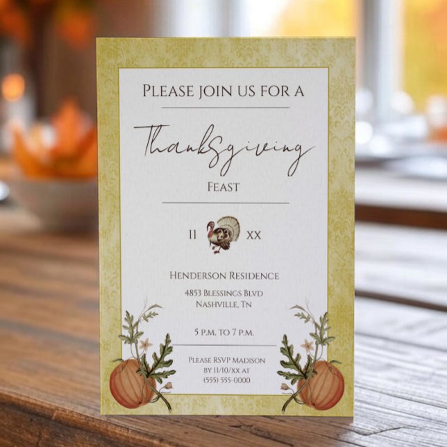 Invitation Dîner vintage Damas Thanksgiving | jaune (Yellow Vintage Damask Thanksgiving Dinner Invitation)