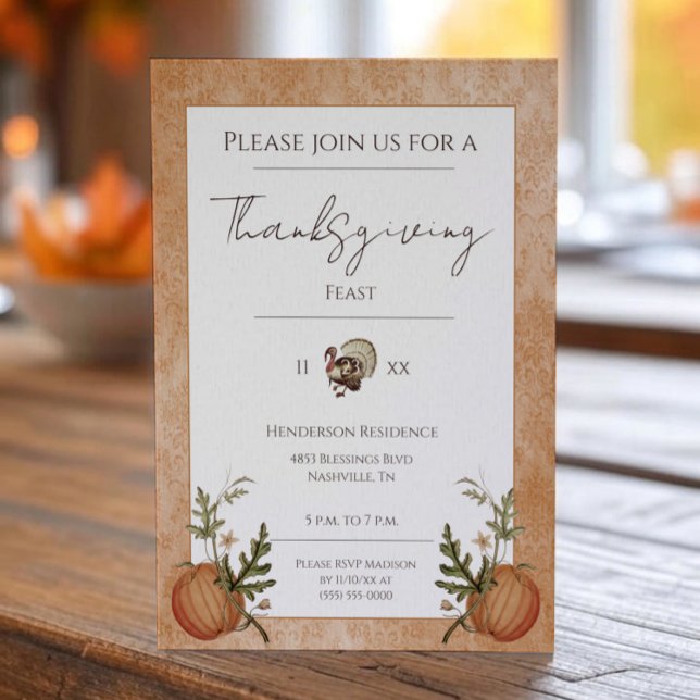 Invitation Dîner vintage Damas Thanksgiving | Orange (Orange Vintage Damask Thanksgiving Dinner Invitation)